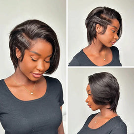 Moderne Glueless Coupe Courte Pixie Avec Une Longue Frange Latérale 7x4 Perruque Sans Colle