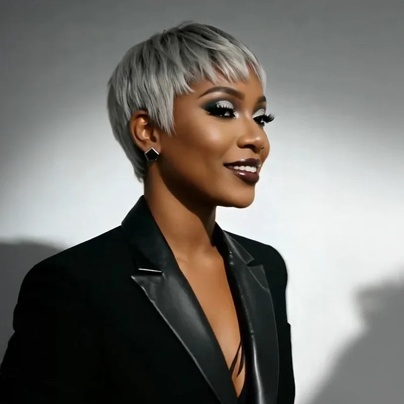 Boss Mature Tendance Glueless Gris argenté Pixie Bob Lisse Perruque Sans Colle Cheveux Humains