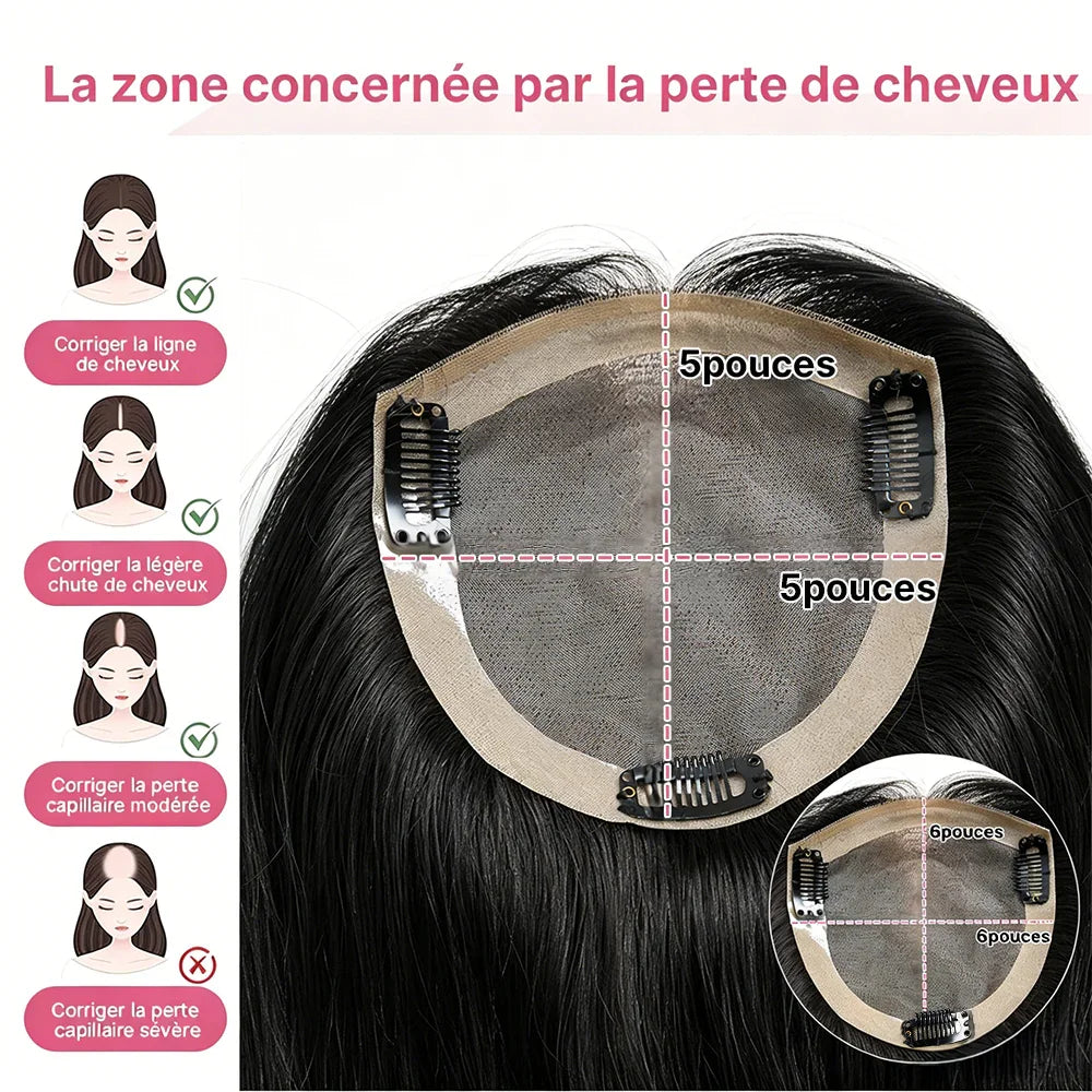 Hair Topper Volumateur de Cheveux Lace 5x5 6x6 avec 5 Clips Noir Naturel Complément Capillaire