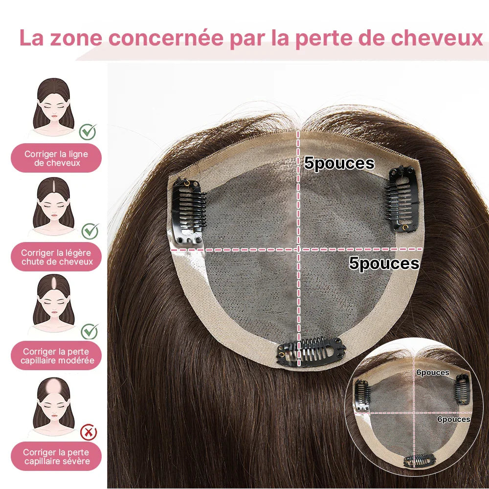 Complément Capillaire Volumateur de Cheveux Lace 5x5 6x6 avec 5 Clips Châtain Foncé Premium Hair Topper