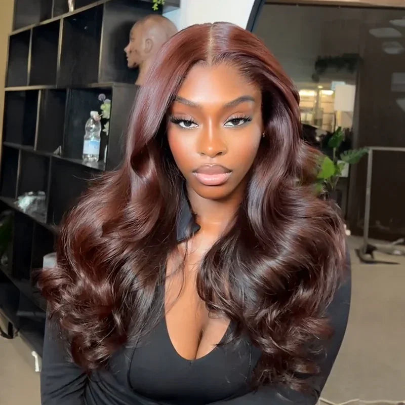 Brillante Glueless Couleur Brun Foncé Rougeâtre 13x4 Perruque Sans Colle Body Wave Casquette À Cordon Flexi-Fit