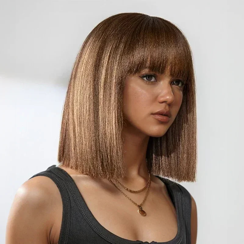 Brown Colored Bob wig with bangs Smooth 200% density
