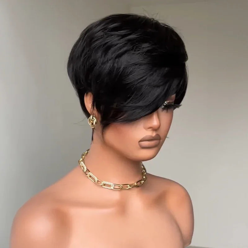 Perruque Pixie Dégradée Courte Glueless avec Frange de Côté Asymétrique Noir