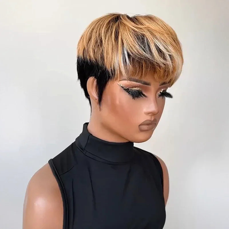 Perruque Pixie Bicolore Châtain Clair & Blanc Glueless avec Frange Droite et Pattes Sculptées