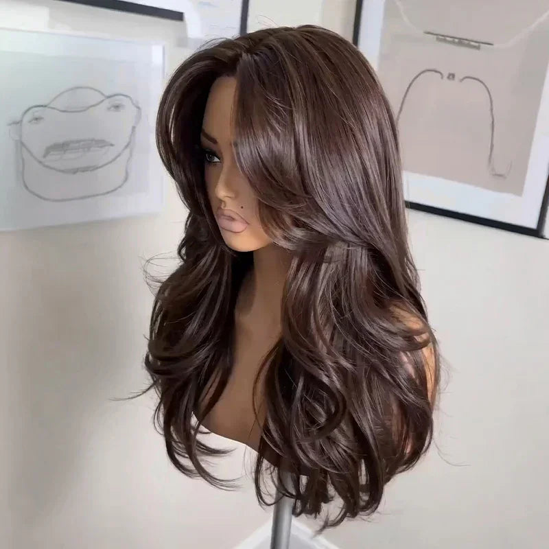 Chic Parisien Perruque 13x4 Glueless Ondulations Légères & Dégradé Long Brun Foncé