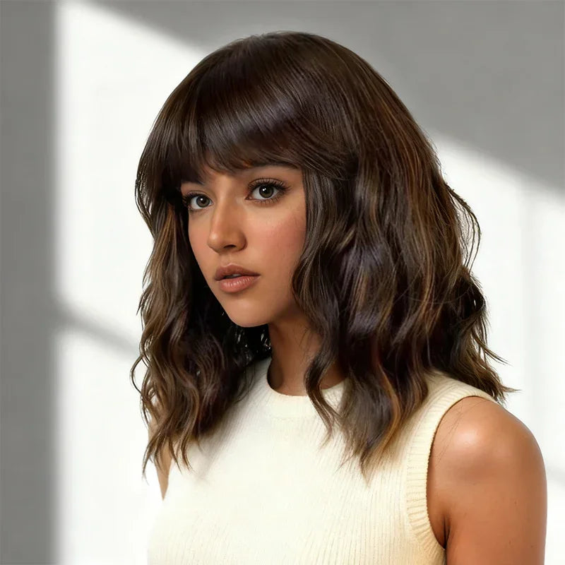 Naturelle & Intemporel Glueless Bob Perruque Sans Colle Ondulé Avec Frange Cheveux Humains
