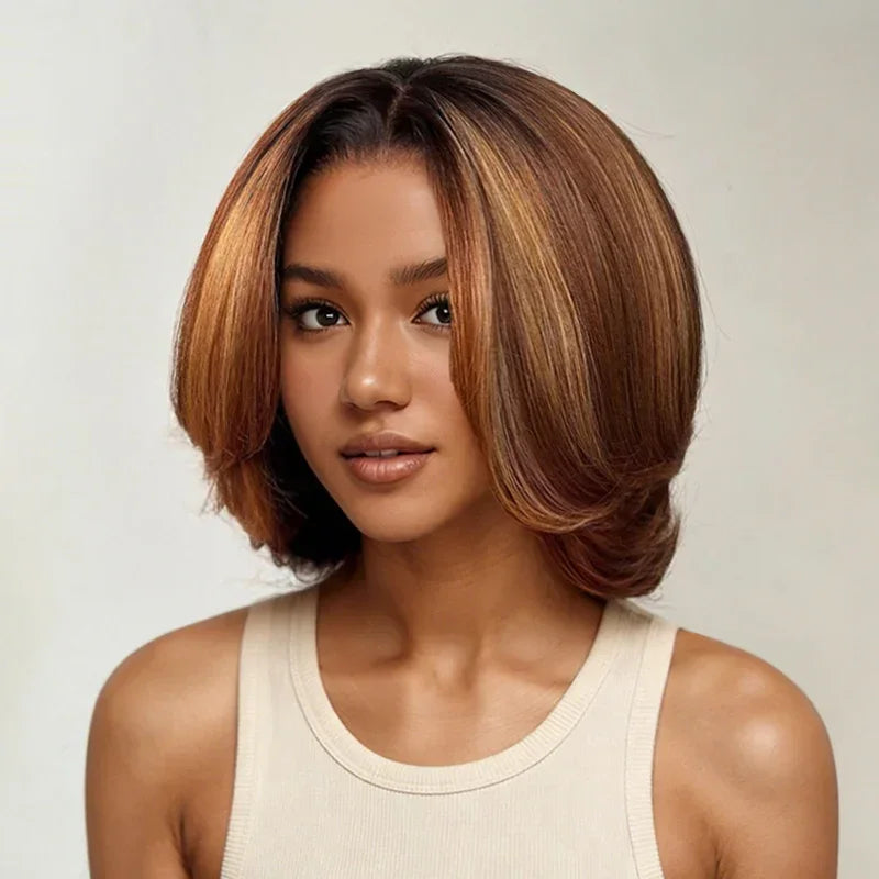 Chic Et Naturel Glueless Couches Couleur Highlight Bob 4x4 Perruque Sans Colle Ondulé 250% Densité