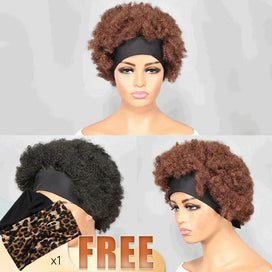 Short Brown Headband Wig Brazilian Curly Human Hair 200% Density