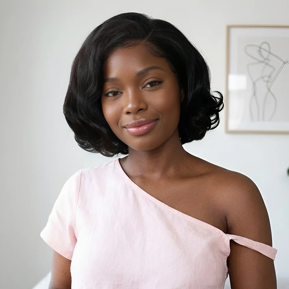 4x4 Légèrement Ondulé Raie Sur Le Côté Glueless Sans Colle Perruque Short Bob Wavy