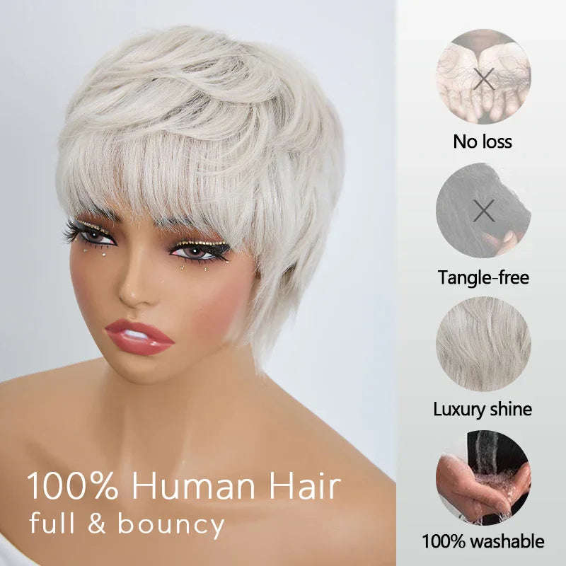 Perruque Pixie Bob Lisse Blanc Argenté Glueless Sans Colle 100% Cheveux Humains