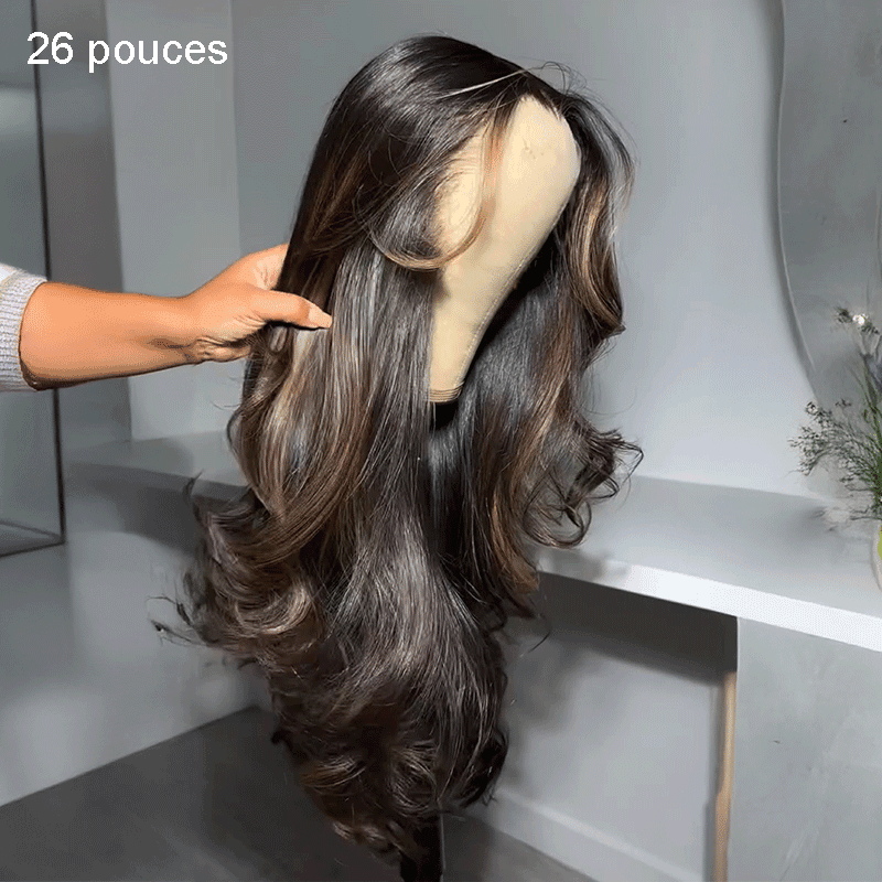 Glueless Luxe Couche 13x4 Highlight Perruque Sans Colle Ondulé Cheveux Humains Wear Go 250% Densité