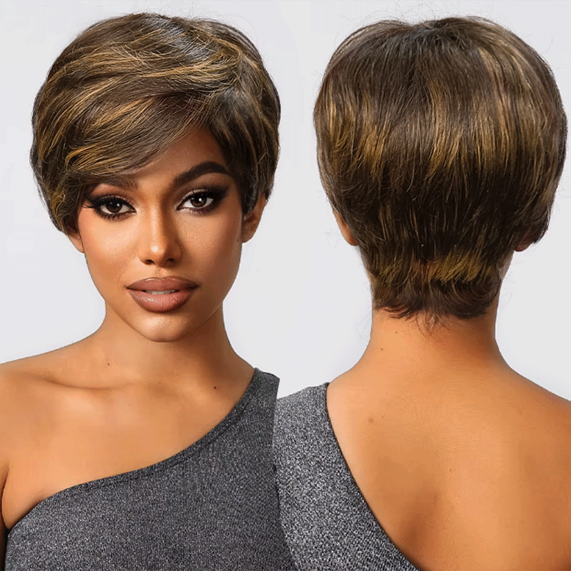 Une Beauté Sans Effort Glueless Couleur #4-27 Mèches Brunes Highlight Pixie Court Lisse Perruque Sans Colle