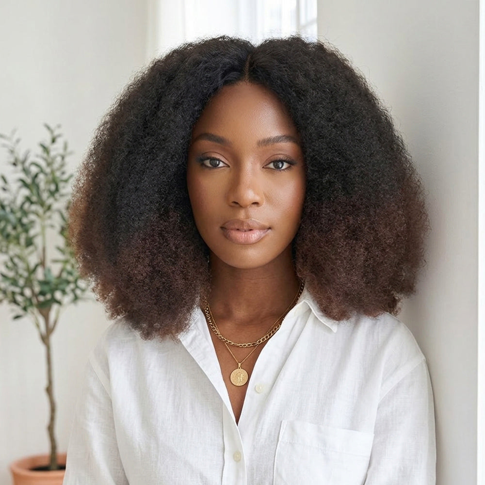 Wig Afro Curly Ombré 4x4 Sans Colle Densité 300% Ultra Volumineuse 100% Humain