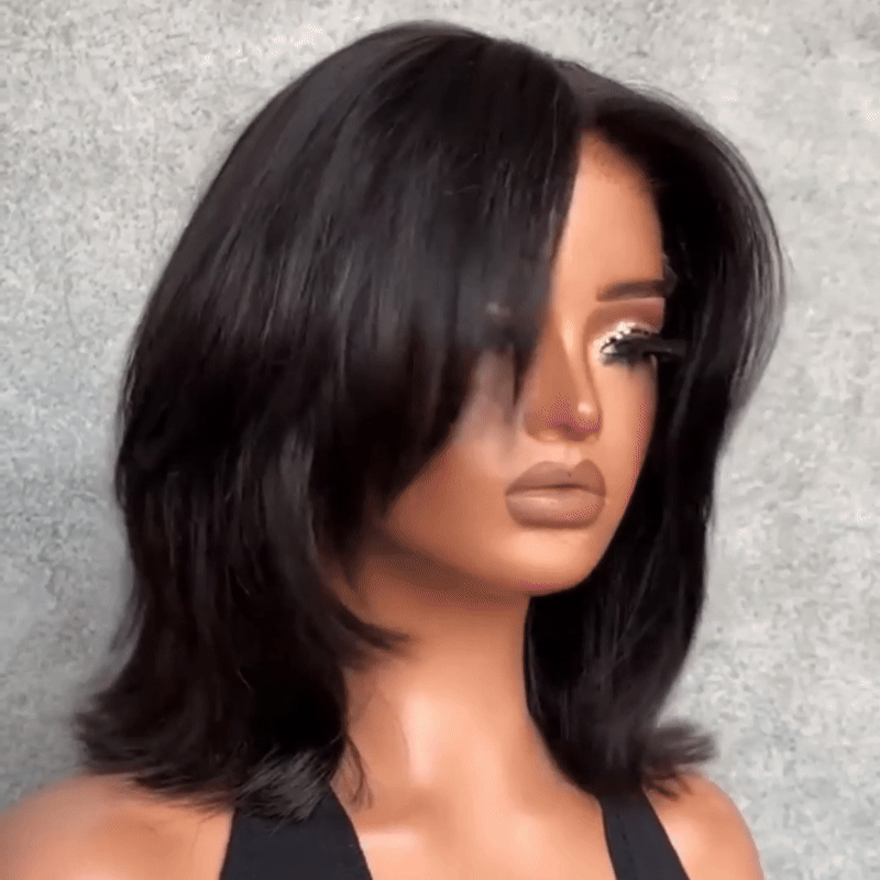 Effet Salon Glueless Couches Wear Go 4x4 Perruque Bob Sans Colle Avec Frange Cheveux Humains Ondulé