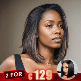 2 𝑭𝑶𝑹 €129🔥 Glueless Nœuds Pré-blanchis Highlight 5x5 Perruque Sans Colle+2x6 Dentelle Bob Perruque