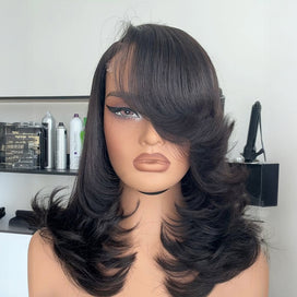 Perruque 13x4 Glueless Style Raie Latérale Dégradé Ondulé Mi Long Sans Colle Noir/Brun