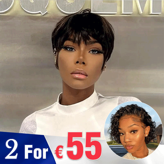 2 𝑭𝑶𝑹 €55🔥Glueless Pixie Perruque Court Naturel Perruque Sans Colle+Bouclé 3 Couleurs 13x1 Lace 100% Cheveux Humains