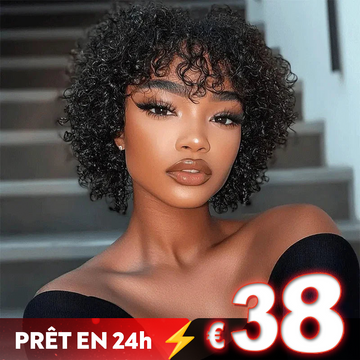 𝐏𝐫𝐞̂𝐭 𝐞𝐧 𝟐𝟒𝐡⚡Natural Look Perruque Noir Pixie Cut 13x4 Dentelle Bouclés Avec Frange Cheveux Humains