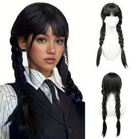 🎃Glueless Perruque Synthétique Longue Et Raide Noire Tressée Avec Frange Personnage De Mercredi Addams Pour Cosplay