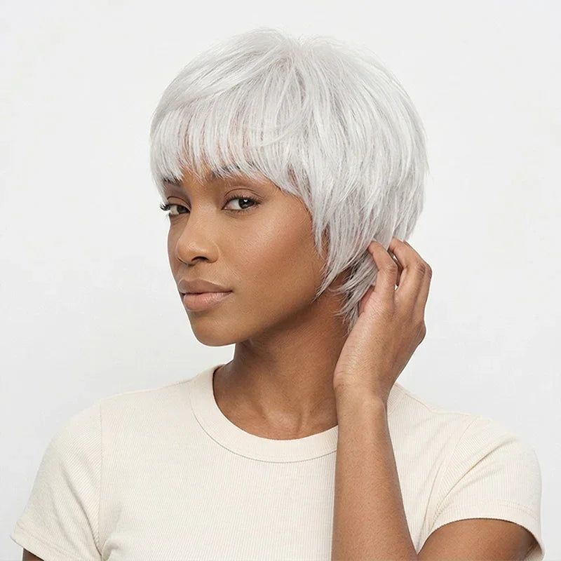 Perruque Pixie Bob Lisse Blanc Argenté Glueless Sans Colle 100% Cheveux Humains