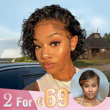 2 𝑭𝑶𝑹 €69🔥Perruque 13×1 Lace Pixie Cut Bouclée +Noir/ Blonde Mélangé Noir/#4-27 Pixie/Ombre Blonde Pixie