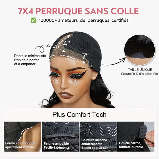 7x4 Glueless Couche Style Rétro Bob Perruque Sans Colle Natural Wave