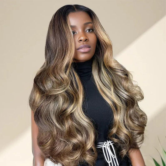 7x5 13x4 Glueless #4/27 Blonde Highlight Perruque Sans Colle Body Wave Frontal Wig - SHINE HAIR