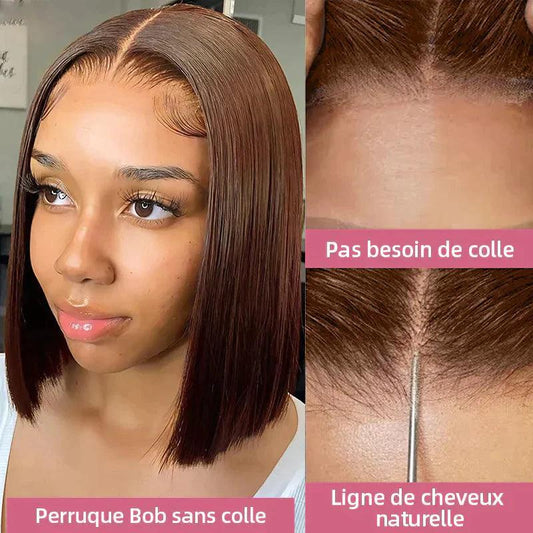 7x5 13x4 Glueless Chocolate Brown Bob Perruque Sans Colle Wear Go Lisse - SHINE HAIR