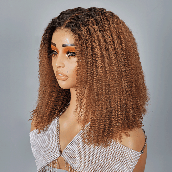 7x5 13x4 Glueless Ombre Brun Miel Bob Kinky Curly Perruque Sans Colle - SHINE HAIR