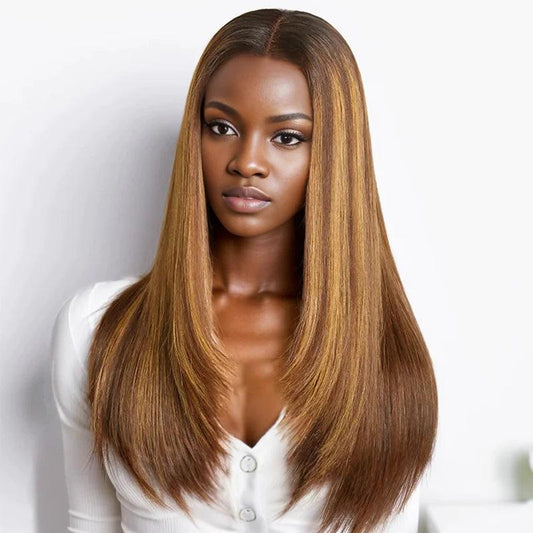 7x5 Glueless Coupe Superposée Couleur #4/27 Highlight Perruque Sans Colle Straight - SHINE HAIR