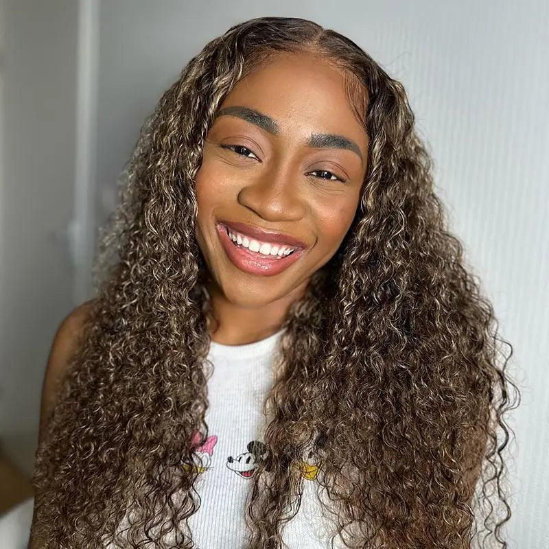 7x5 Glueless Lace Frontal Perruque Sans Colle Couleur Highlight #4/27 Bouclé - SHINE HAIR