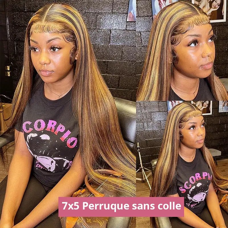 7x5 Glueless Perruque Sans Colle Couleur Mélangé #4/27 Straight Cheveux Humains - SHINE HAIR