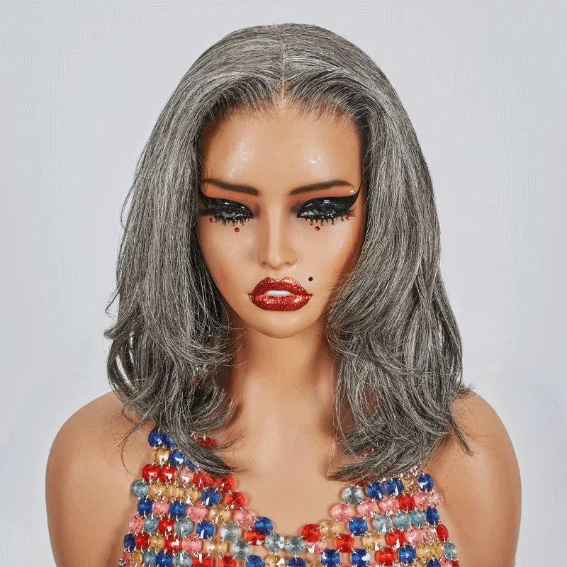 4x4 Glueless Sel & Poivre Bob Perruque Courte À Coupe Dégradée Sans Colle Ondulé