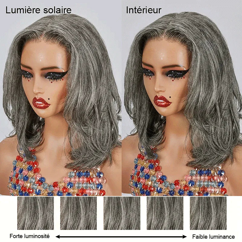 4x4 Glueless Sel & Poivre Bob Perruque Courte À Coupe Dégradée Sans Colle Ondulé