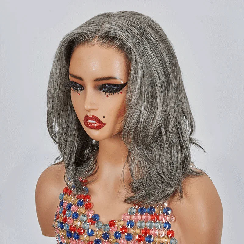 4x4 Glueless Sel & Poivre Bob Perruque Courte À Coupe Dégradée Sans Colle Ondulé