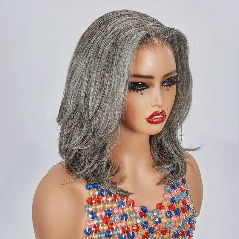 4x4 Glueless Sel & Poivre Bob Perruque Courte À Coupe Dégradée Sans Colle Ondulé