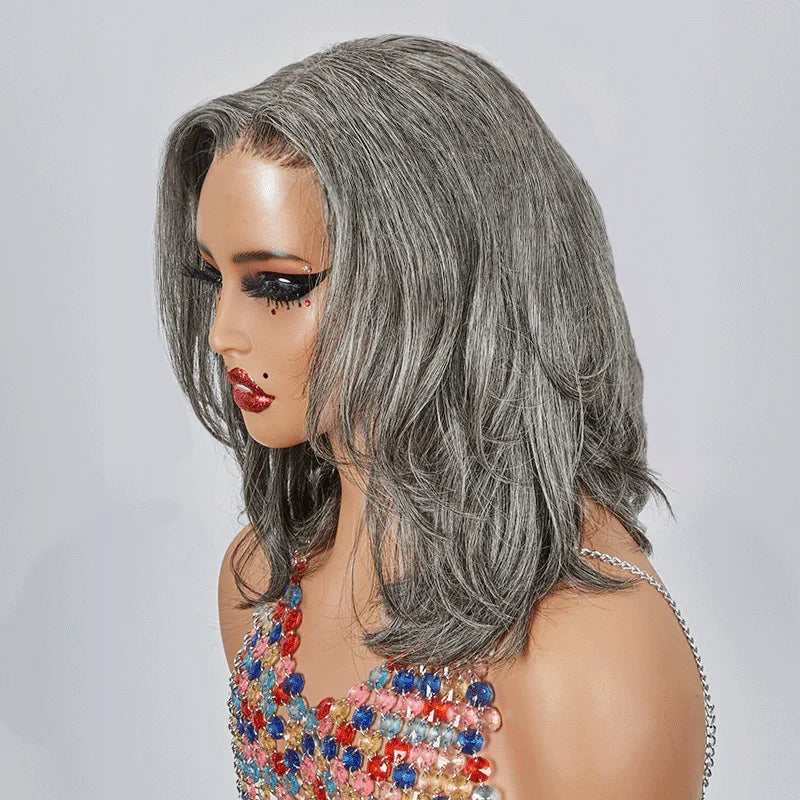 4x4 Glueless Sel & Poivre Bob Perruque Courte À Coupe Dégradée Sans Colle Ondulé