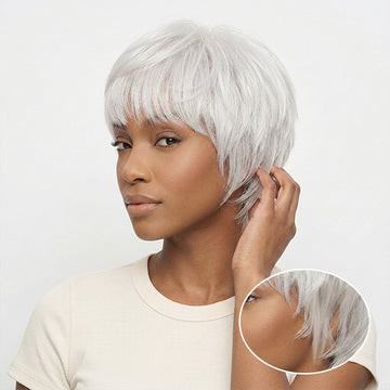 Glueless Perruque Ange Blanc Pixie Bob Lisse Blanc Argenté Sans Colle 100% Cheveux Humains