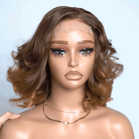 Boss Mature Ondulé Couleur Marron Ombre Bob 4x4 Dentelle Minimaliste Perruque Cheveux Humains