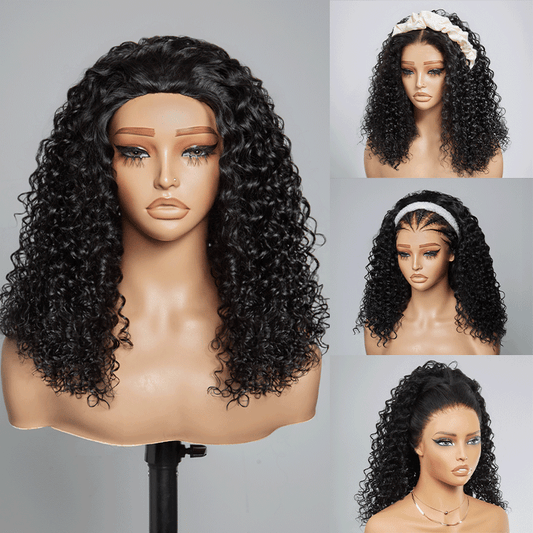 4 In 1 Half Wig Deep Curly/Yaki straight Demi-Perruqu À Cordon Serrage Flexi-Fit 250% Densité