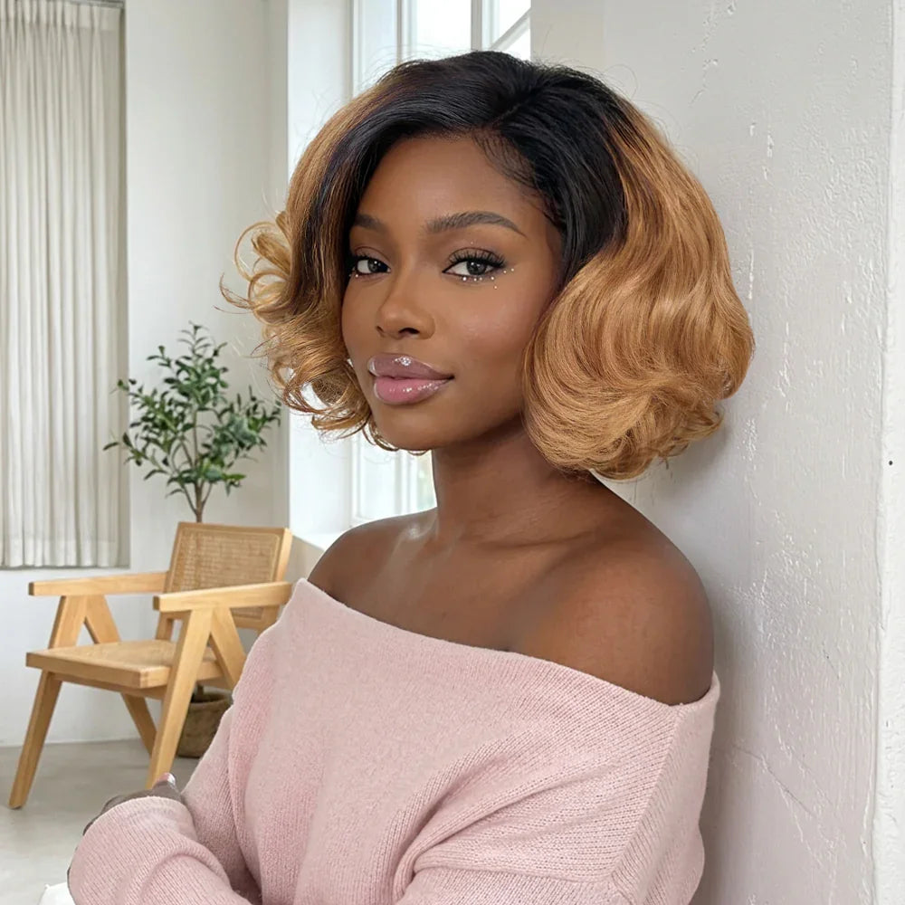 4x4 Glueless Chic Carré Court Wavy avec Raie sur le Côté Perruque