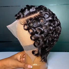 Élégante Coupe Pixie Bouclée Perruque Full Lace Cheveux Humains