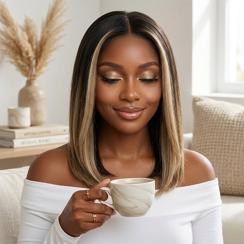 Luxury feel Carré Bob 5x5 Sans Colle Glueless Ombré Blond à Racines Noires Perruque
