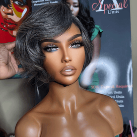 Patron mature Glueless Couleur Sel Et Poivre 5x5 Nœuds Blanchis Perruque Sans Colle