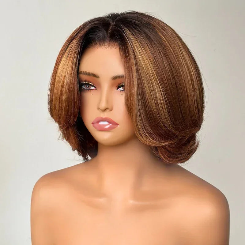Chic Et Naturel Glueless Couches Couleur Highlight Bob 4x4 Perruque Sans Colle Ondulé 250% Densité