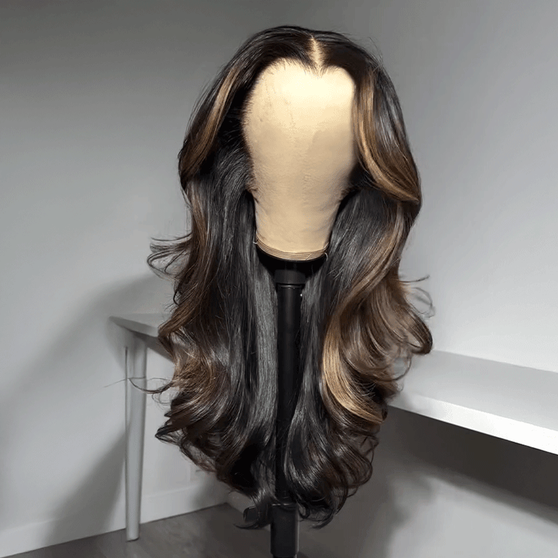 Glueless Luxe Couche 13x4 Highlight Perruque Sans Colle Ondulé Cheveux Humains Wear Go 250% Densité