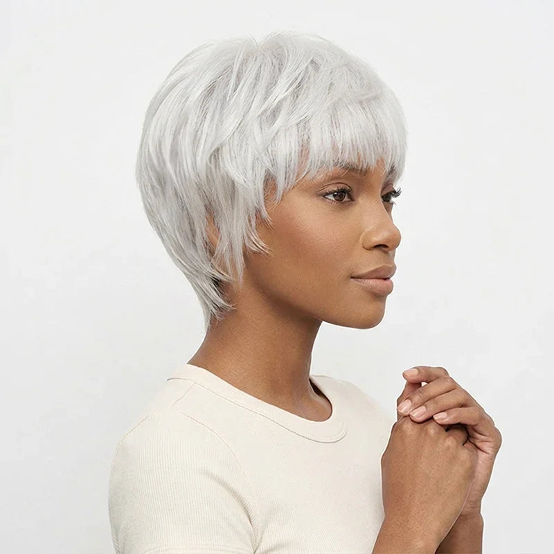 Perruque Pixie Bob Lisse Blanc Argenté Glueless Sans Colle 100% Cheveux Humains