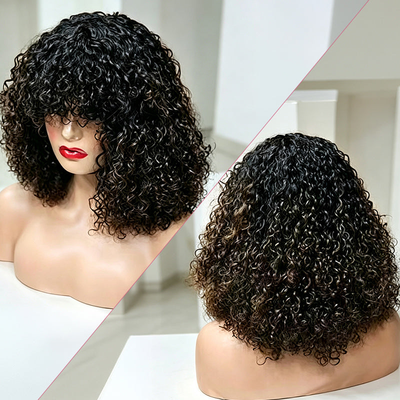 Bob Kinky Curly 300% Densité Avec Frange Perruque Glueless 100% Cheveux Humains