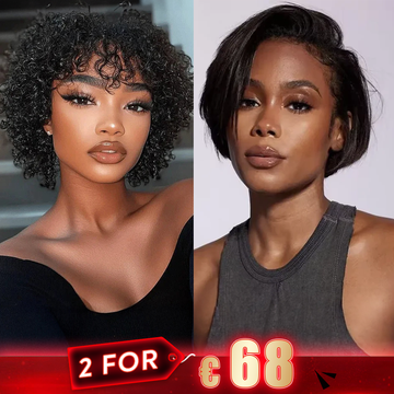 2 𝑭𝑶𝑹 €68🔥 Perruque Coupe Pixie 13x4 Dentelle Lisse + Perruque Pixie Cut Bouclés Avec Frange