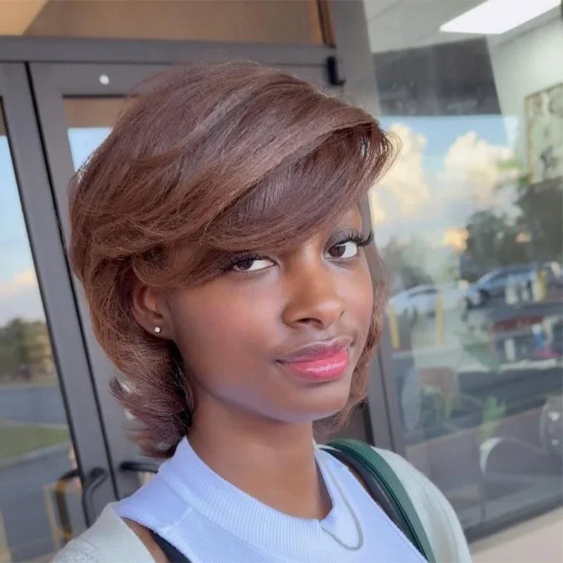 4x4 Glueless Perruque Kinky Straight Mocha Bob Dégradé Effet Brushing Style Glamour San Colle